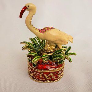 Vintage Miniature Enamel Trinket Jewelry box with Bejeweled Flamingo figurine